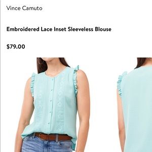 Vince Camuto lace inset sleeveless blouse. Color crystal lake. Size XL.